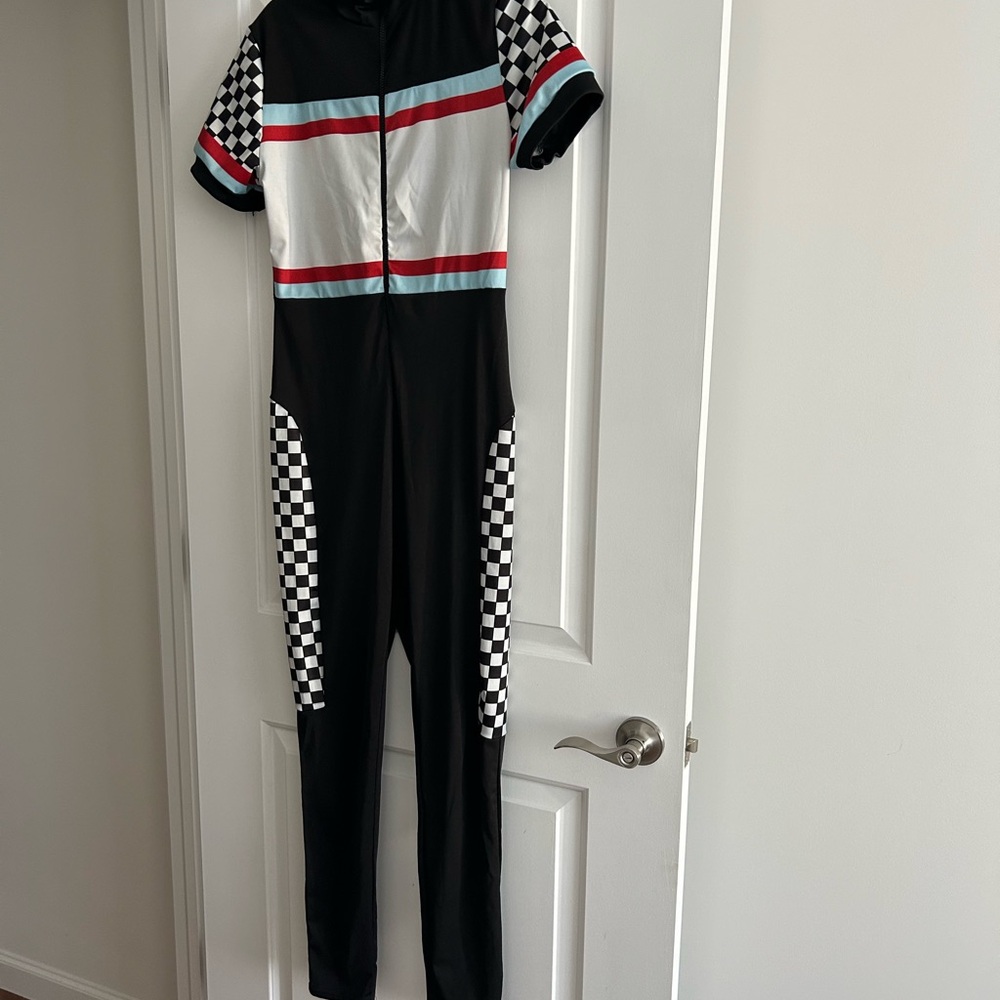 Black and White Checkered Jumpsuit with Red and Blue Accents